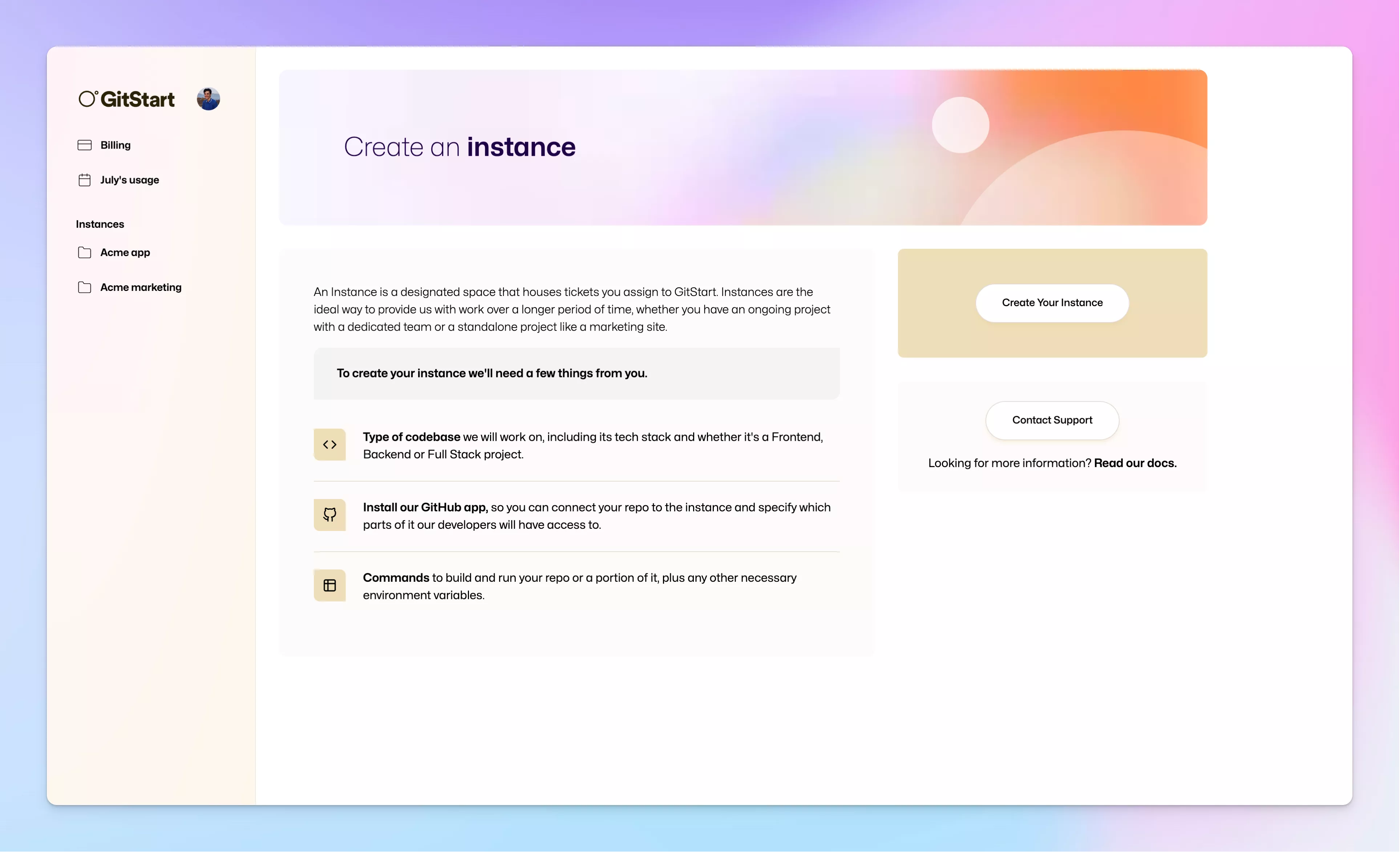 Start screen of the instance creation flow